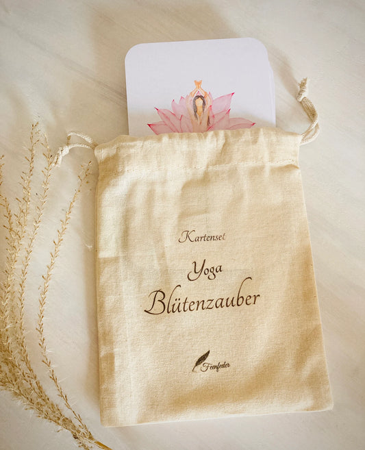 Blütenzauber Yoga-Kartenset – 12 handgemalte Asana-Karten mit Baumwollbeutel