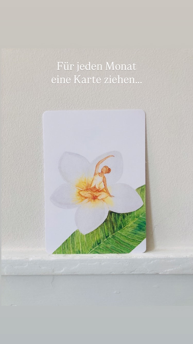 Blütenzauber Yoga-Kartenset – 12 handgemalte Asana-Karten mit Baumwollbeutel