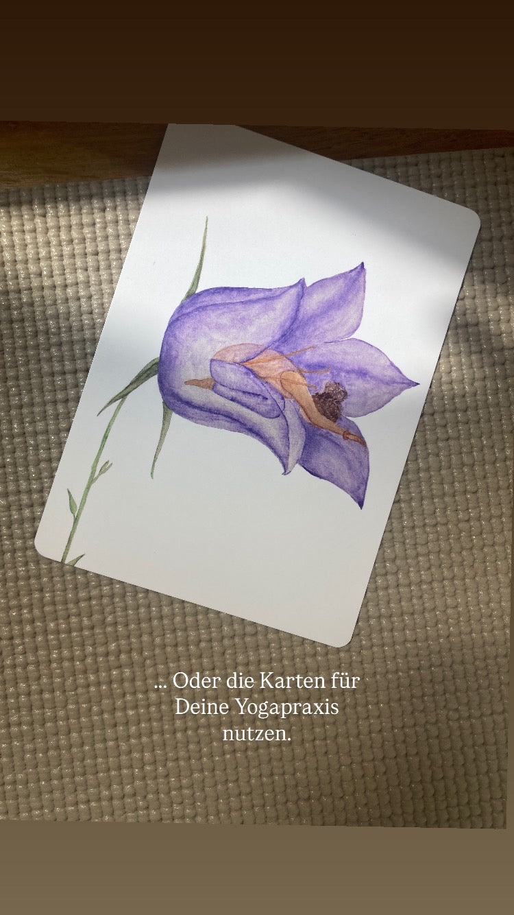Blütenzauber Yoga-Kartenset – 12 handgemalte Asana-Karten mit Baumwollbeutel